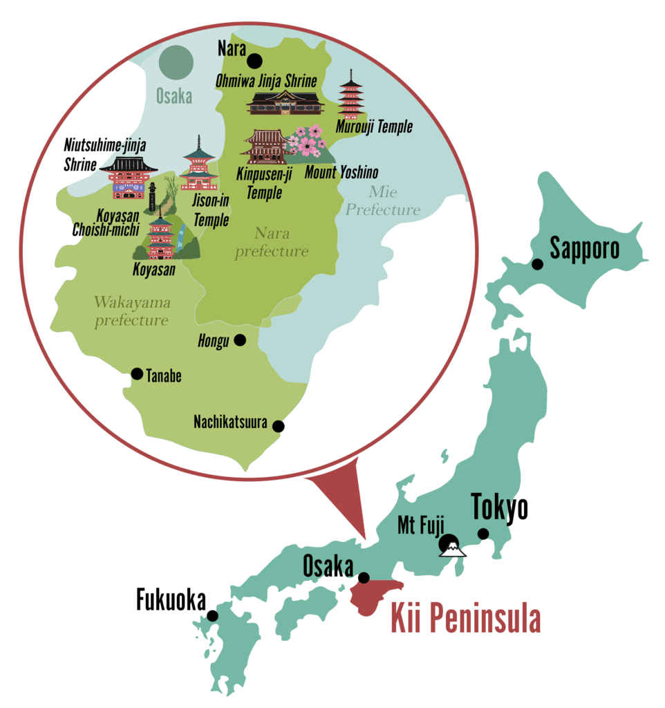 Map of Japan spotlighting the Kii Peninsula and temples and shrines in Nara and Wakayama prefectures