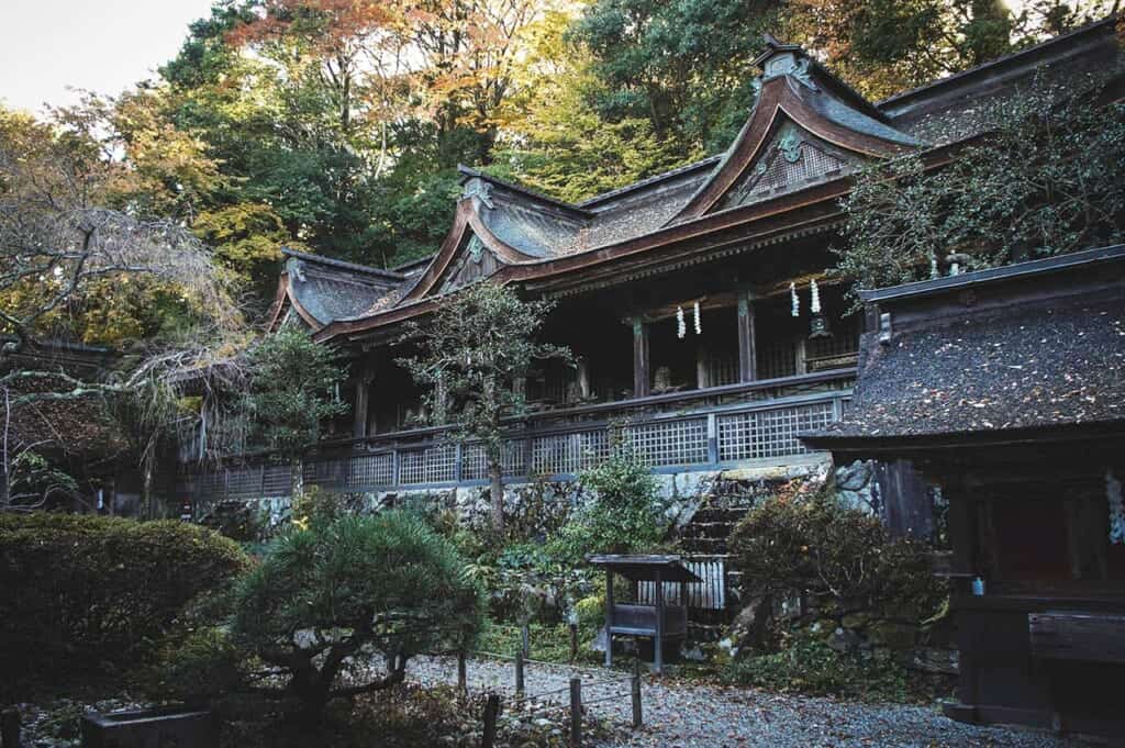 Shinto shrine Mikumari-jinja on Mount Yoshino with rectangular architecture around an inner courtyard