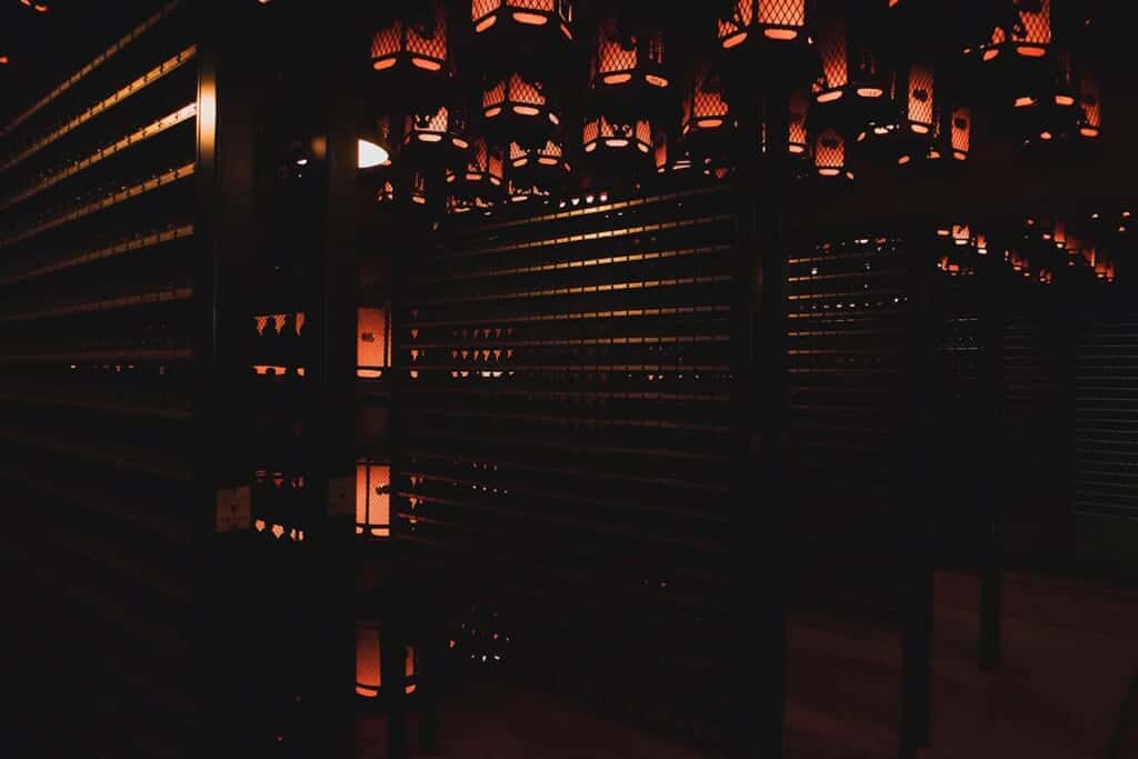 Dark lantern hall inside Okuno-in temple in Koyasan