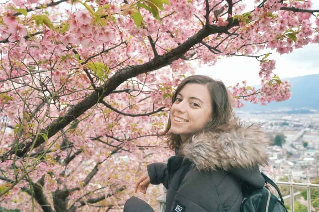 Maria at the sakura cherry blossom Matsuda Festival in Japan