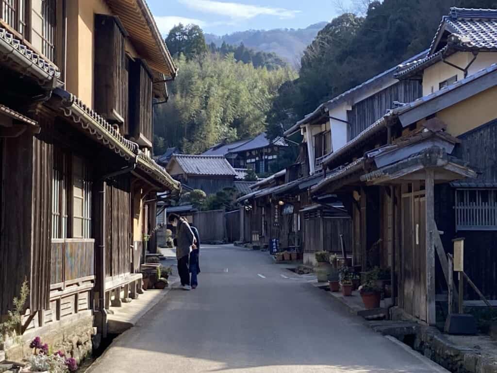 a historic mining town with traditional Japanese buildings and homes in Japan