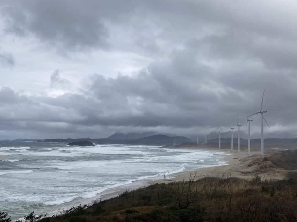 Gotsu wind farm and japan coastline in shimane