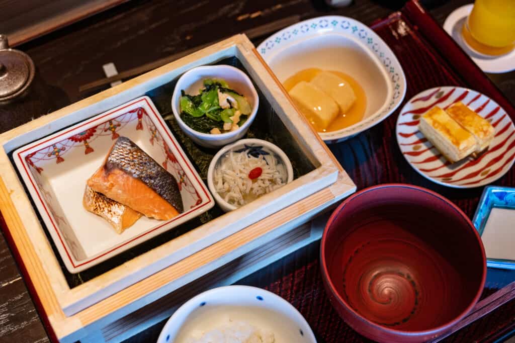 japanese breakfast with salmon at hoshino resorts kai enshu