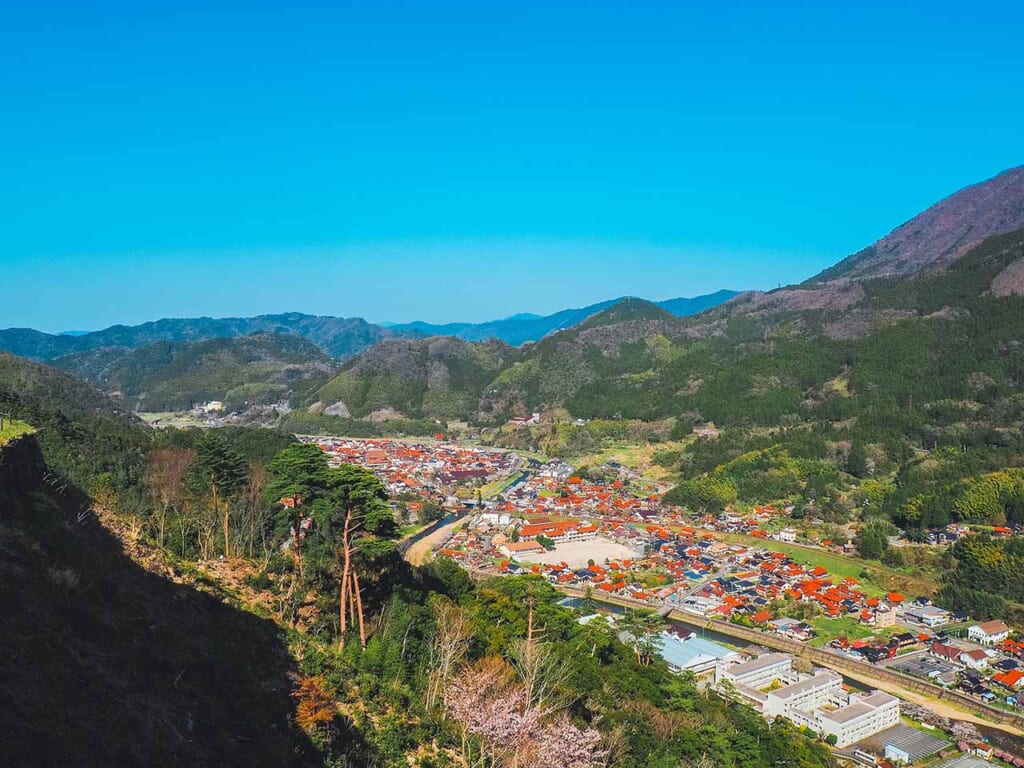 Tsuwano cityscape and mountains as seen from the ruins of  the Japanese castle in Shimane, Japan