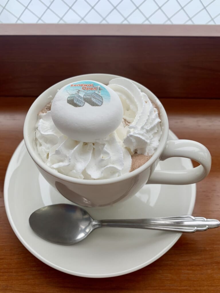 Japanese hot cocoa topped with a gondola-stamped marshmallow