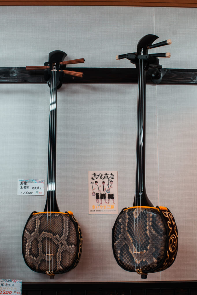 two Okinawan sanshin instruments in the wall in Japan