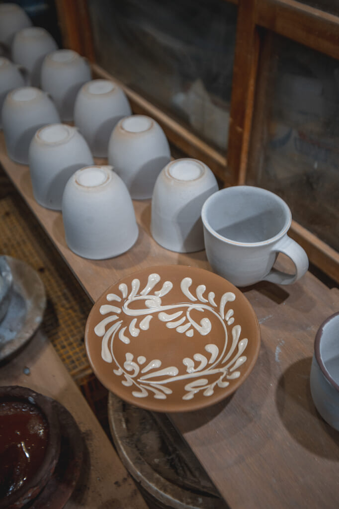 plates and mugs, Japanese handmade pottery in Okinawa, Japan