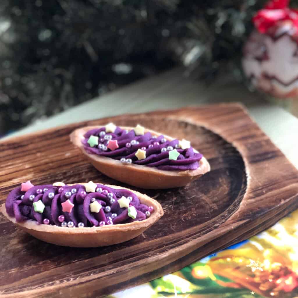 two decorated benimo tarts, a japanese snack in Okinawa, Japan