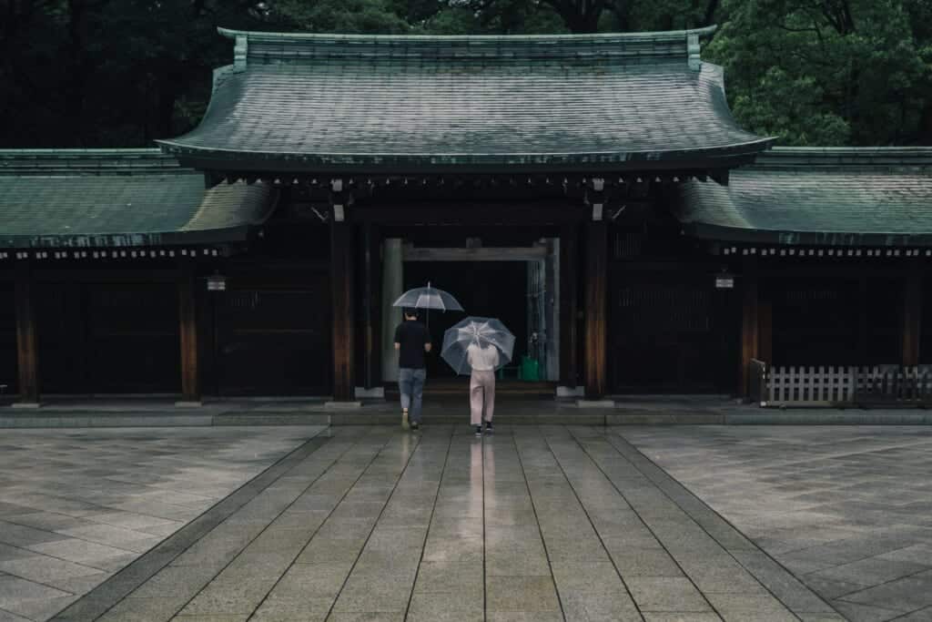shrine visit in Japan during rain