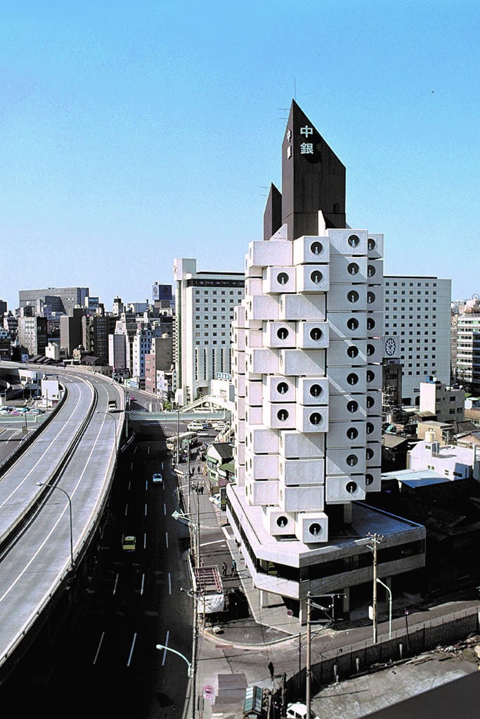 view of Nakagin Capsule Tower in 1972 in Japan