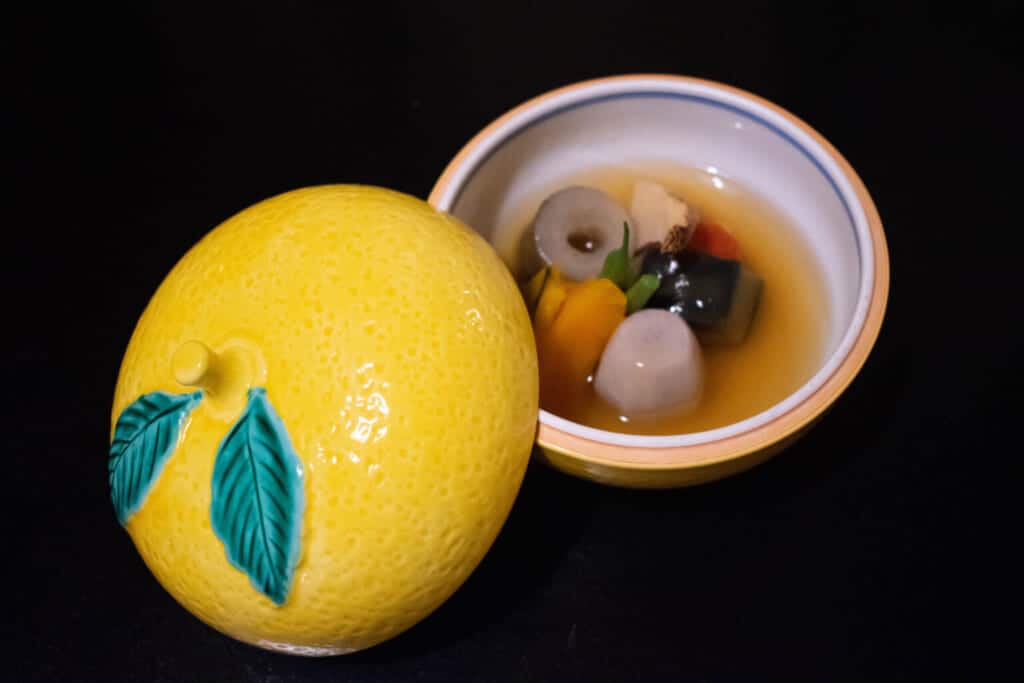 Takiawase, a boiled dish during a kaiseki cuisine meal in Japan