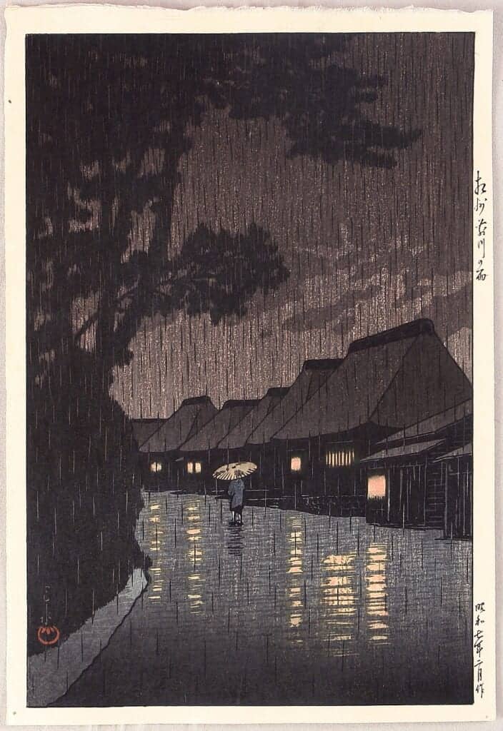 japanese woodblock print of a rainy night