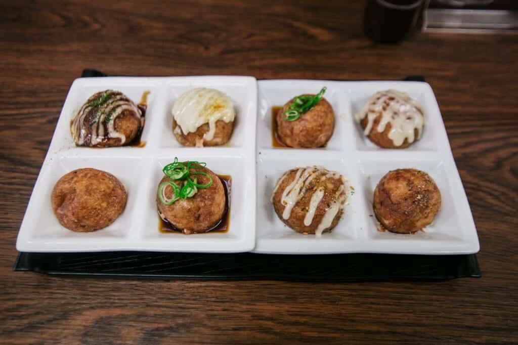 eight different types of takoyaki in takoyaki yamaya