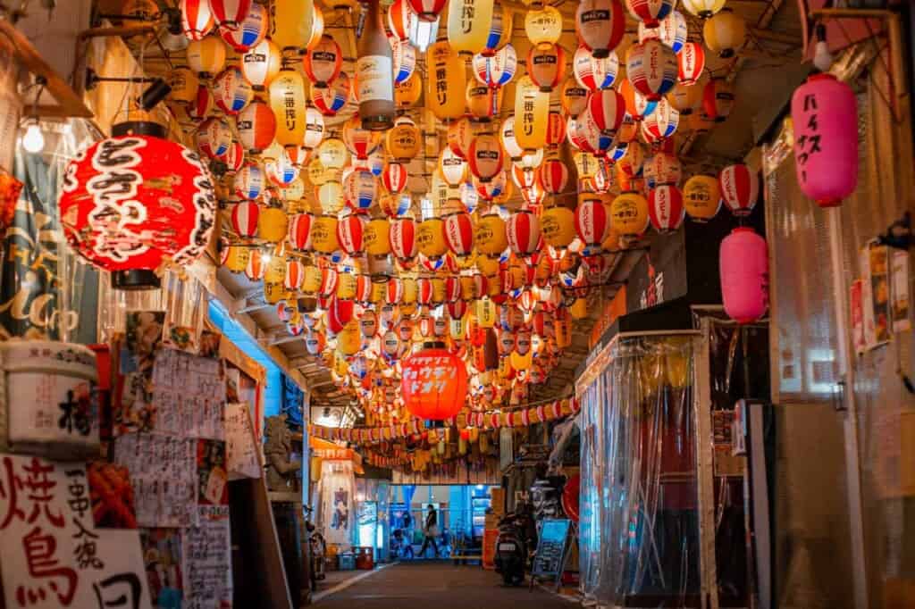 Japanese lanterns in street in tenma, a top spot for Osaka nightlife