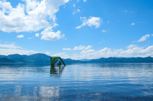 Floating tent in the middle of Lake Tazawa in Semboku, Akita
