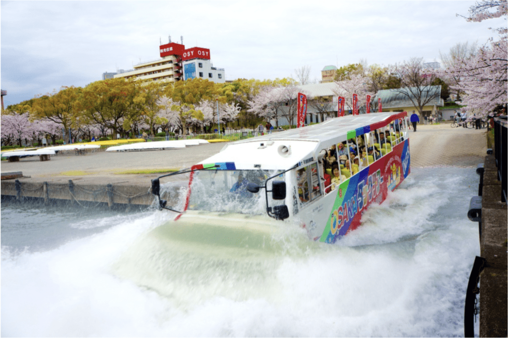 water bus splashing into okawa river in Japan