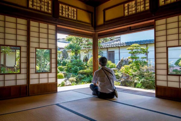 man in Japanese style tatami room with view of garden