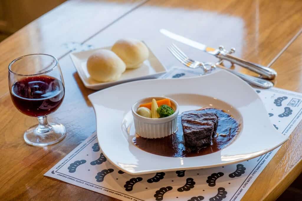 beef meal on a vintage sightseeing train  in Japan