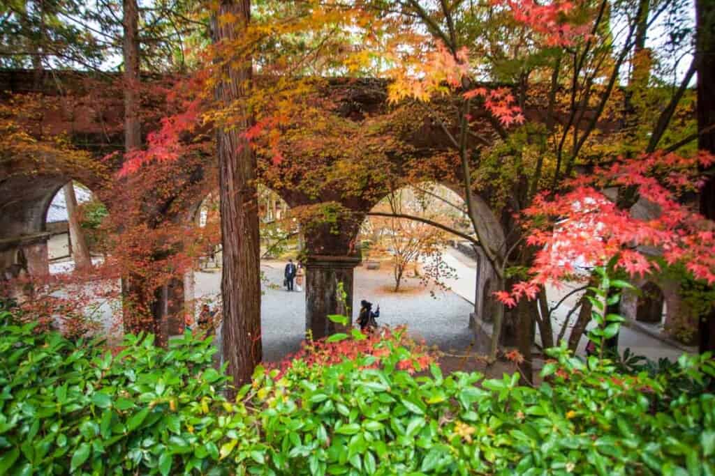 Suirokaku bridge as a background to fall colors in Japan