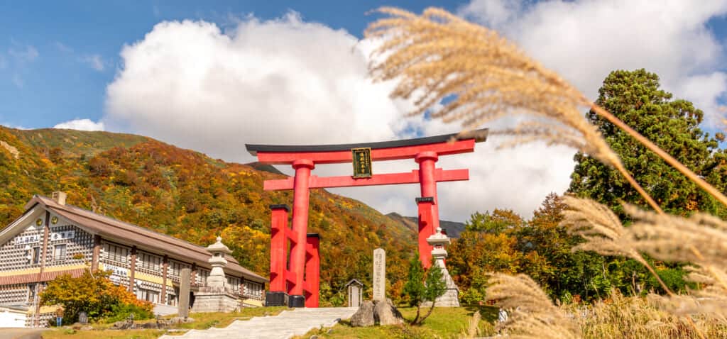Japanese torii gate along mountain hiking trail