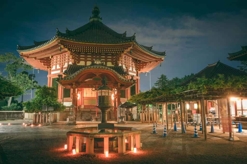 kofuku-ji temple in nara park lit by candles in JApan
