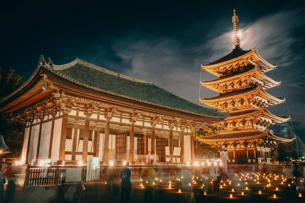 nara pagoda by night during the lantern festival tokae in Japan