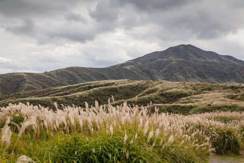 Hiking grassly landscape on Mount Eboshi in in Aso-Kuju National Park, Japan