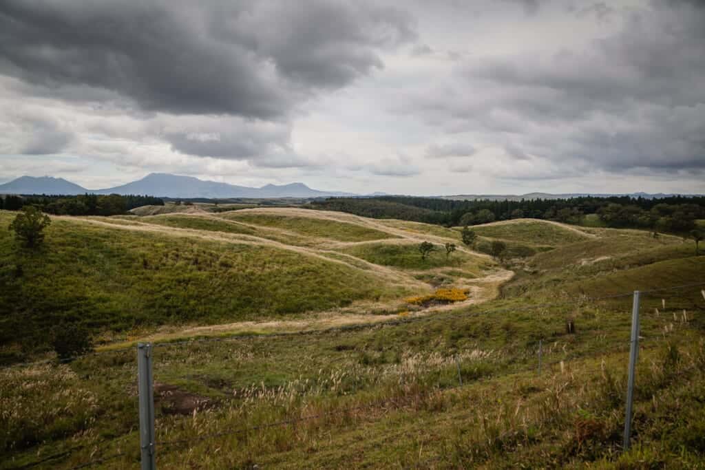 grassy landscape in Aso-Kuju National Park, Kumamoto, Japan