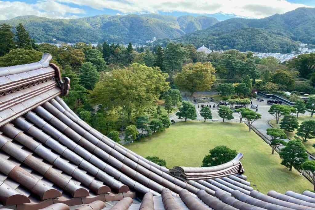 red tiled roof of Tsurugajo castle in  Japan