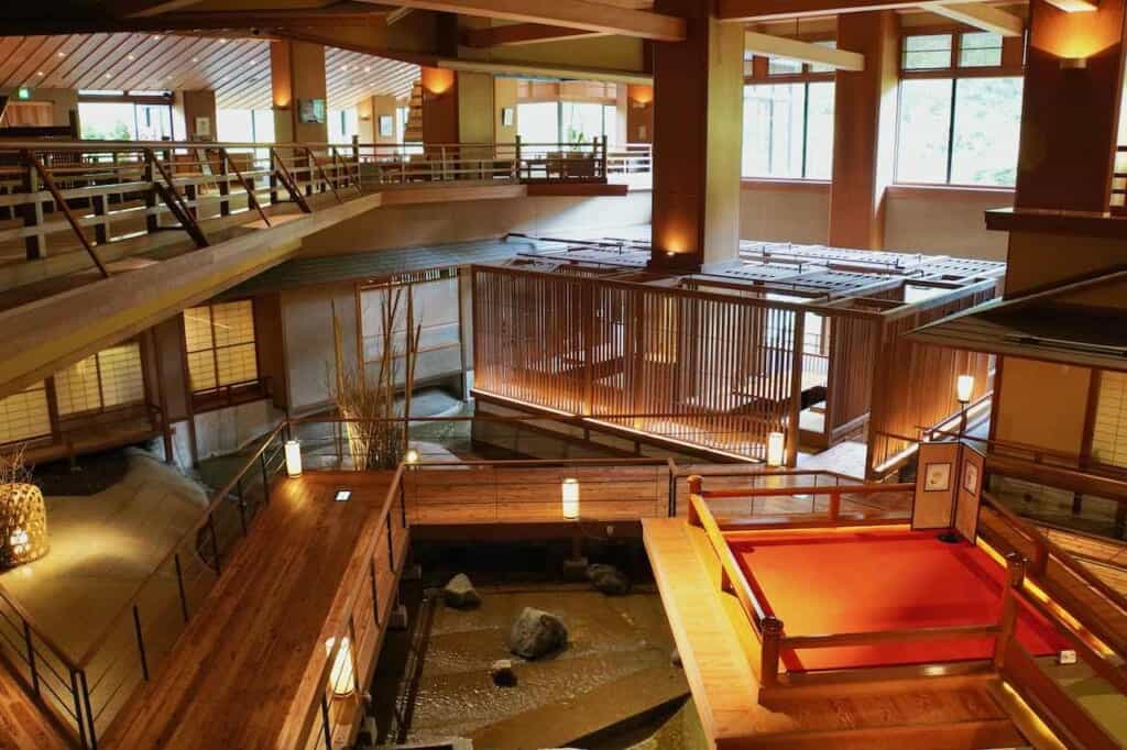 main lobby stage at Ookawaso hotel in Japan