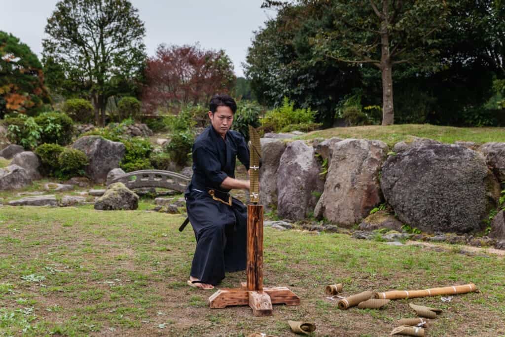 samurai katana sword cutting demonstration at Meihodo, Japan