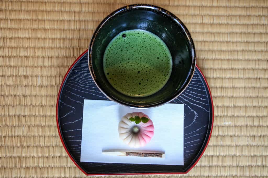 Matcha tea with a sweet treat in JApan