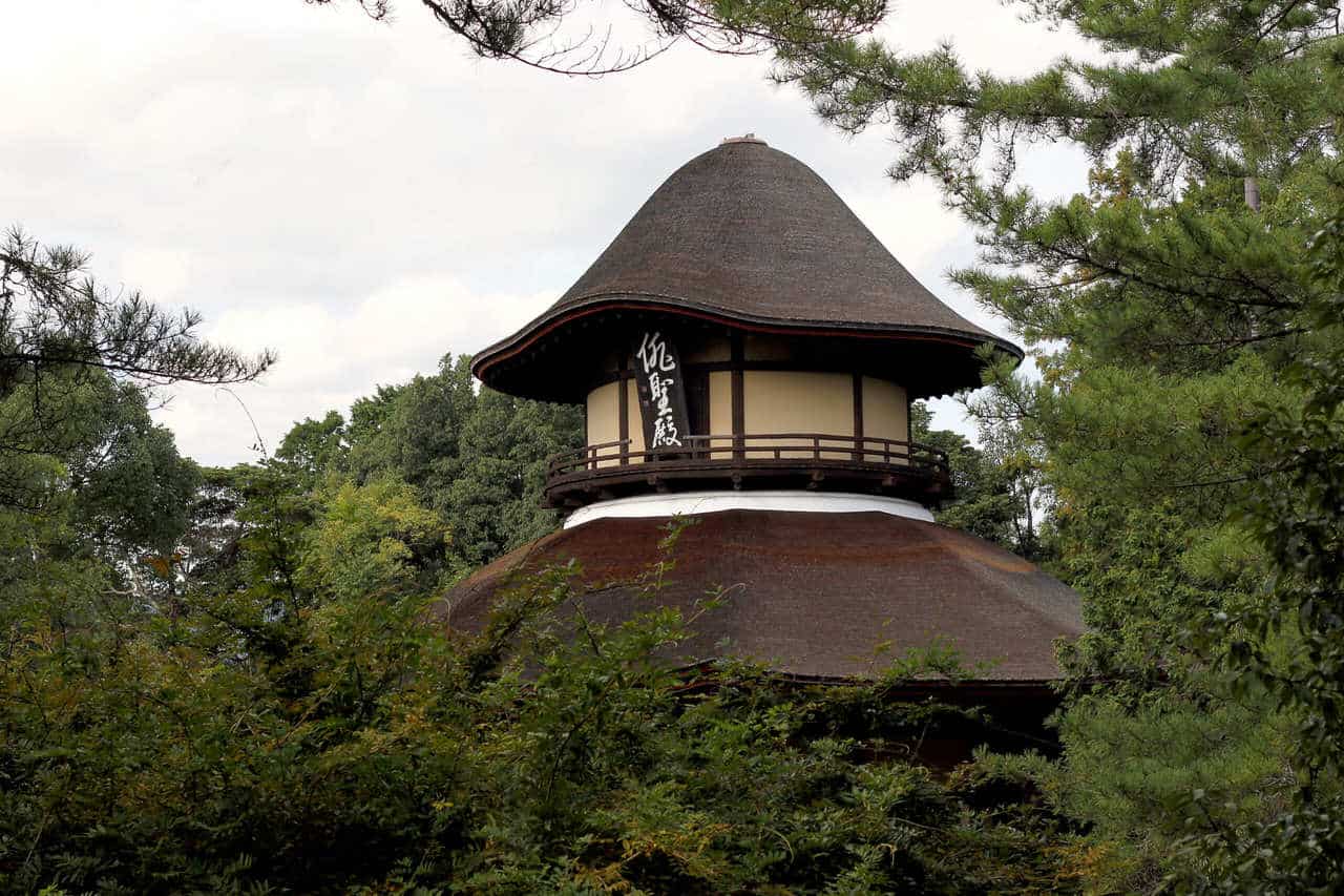 A thatched roof building surrounded by fir trees in Japan