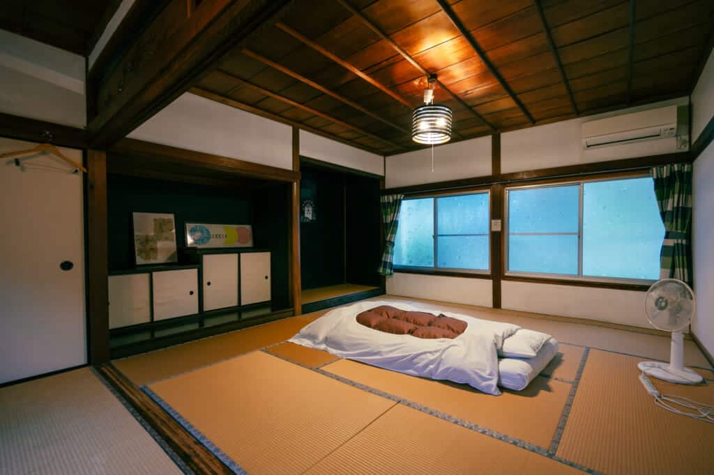 traditional futon bed in Japanese dormitory in shikoku