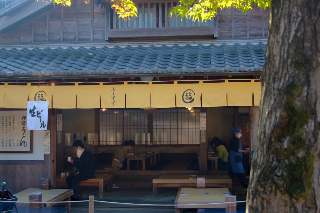 The terrace of the restaurant Fukusuke is filled with tatami tables