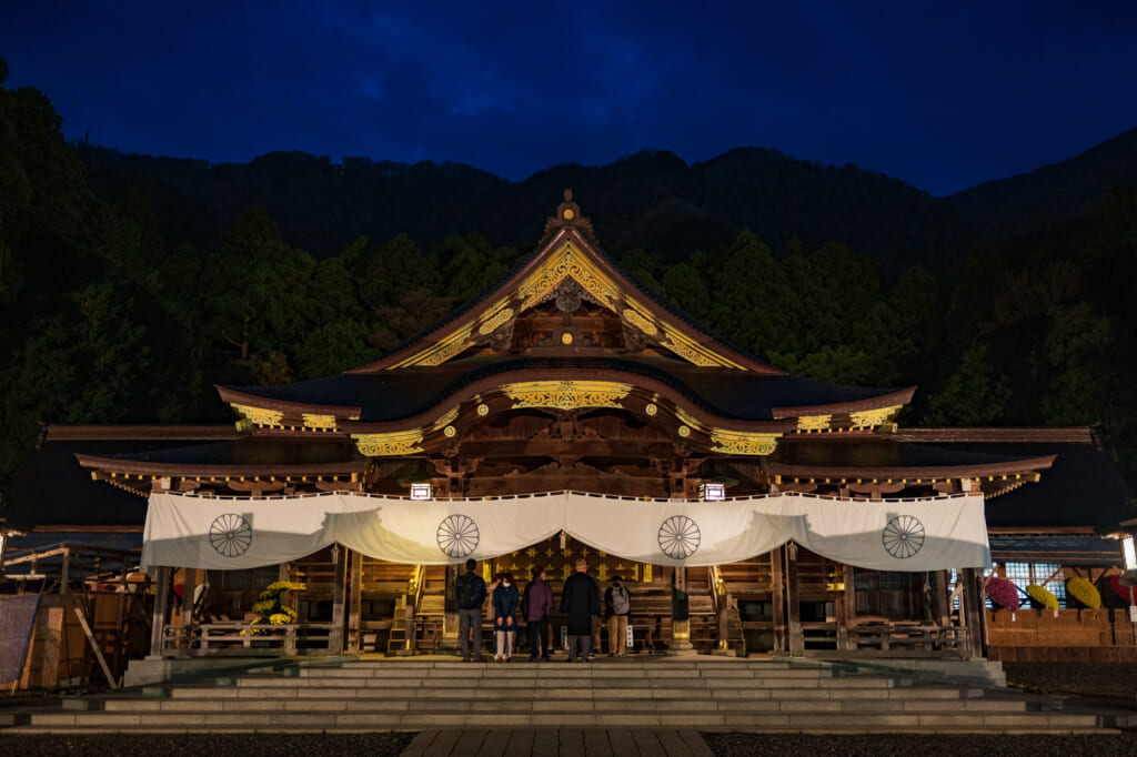 night view of yahiko shrine in niigata japan