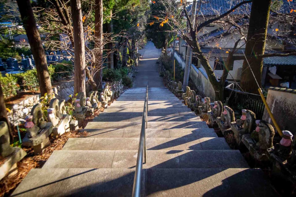 The stairs heading to the temple surrounded by jizo statues