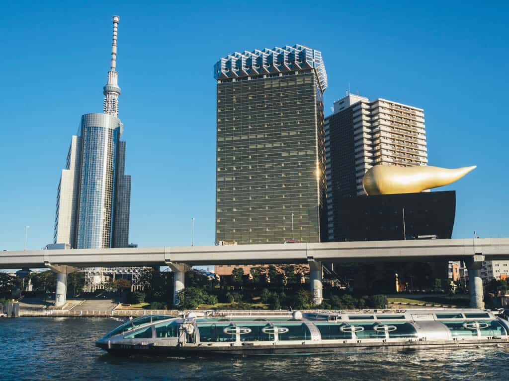 tokyo water bus on the sumida river near asakusa