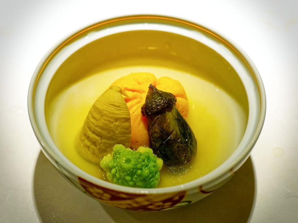 Japanese dish of Vegetables and a sweet potato bun