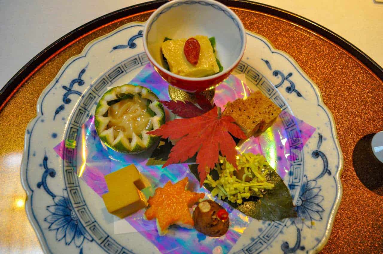 Kaiseki - zensai (appetizer) meal: tamagoyaki, squid and tofu