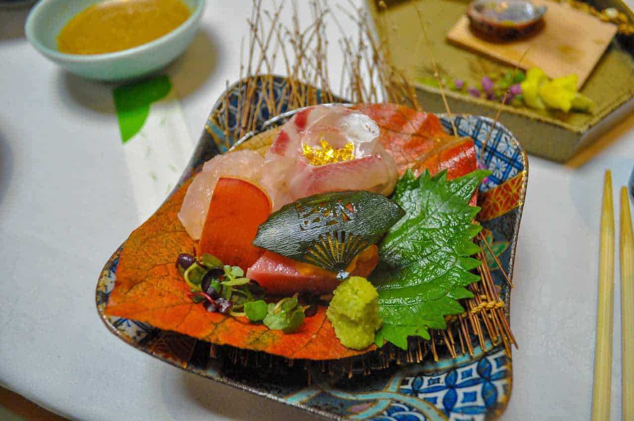 Kaiseki meal - Sashimi covered with gold leaf