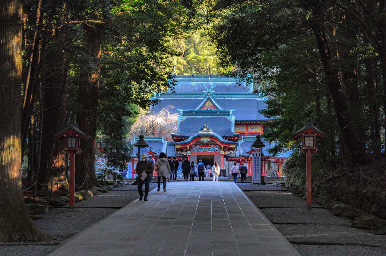 hidden in the trees, the Kirishima shrine in a sunny morning