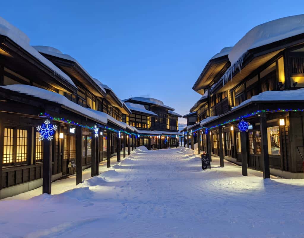 Snow covered Niseko Village at Twilight