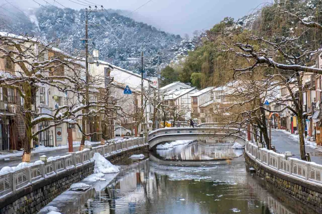 kinosaki onsen, a Japanese hot spring town, in the snow