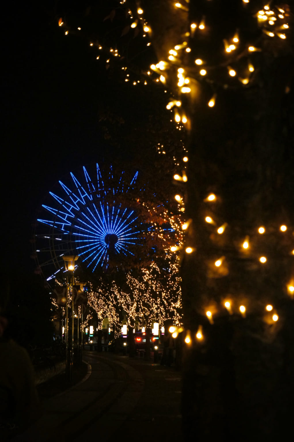 Illuminations and ferris wheel on Gaslight Street in Kobe