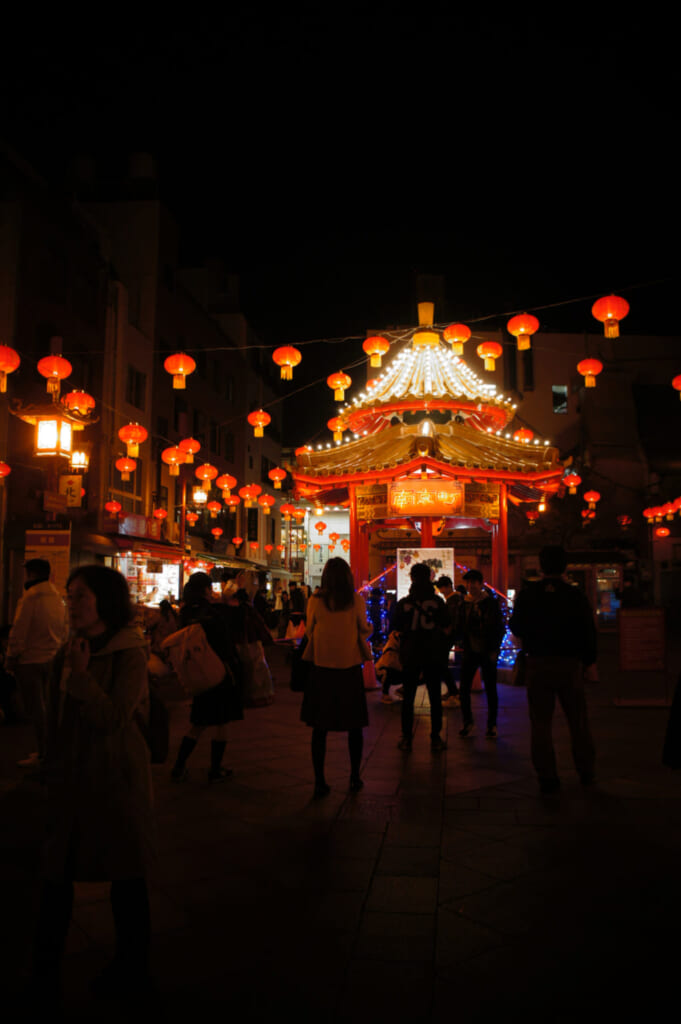 red lanterns illuminate the central plaza of Nankinmachi, Kobe’s Chinatown