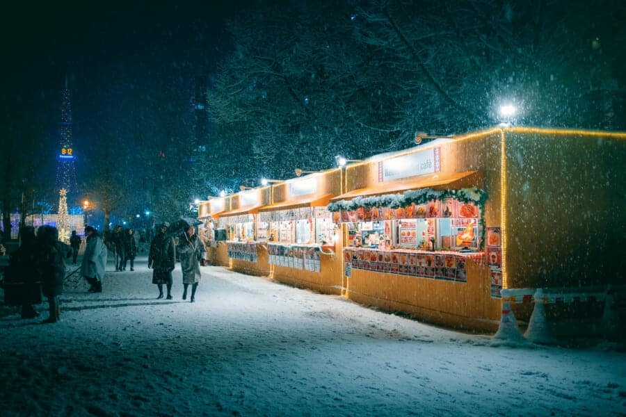 Food stalls on a snowy night in Hokkaido