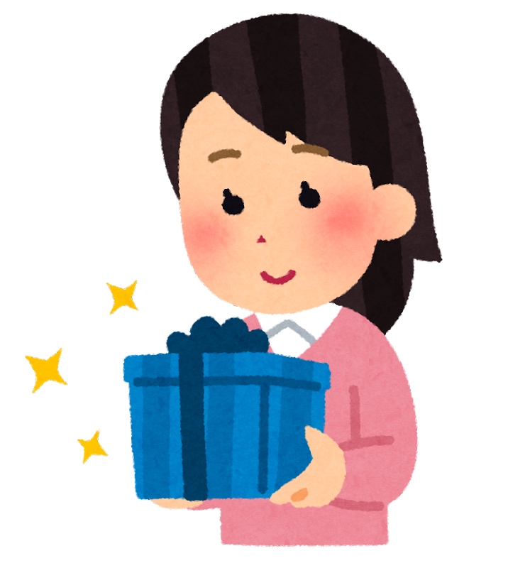 illustration of girl holding a blue present for her birthday