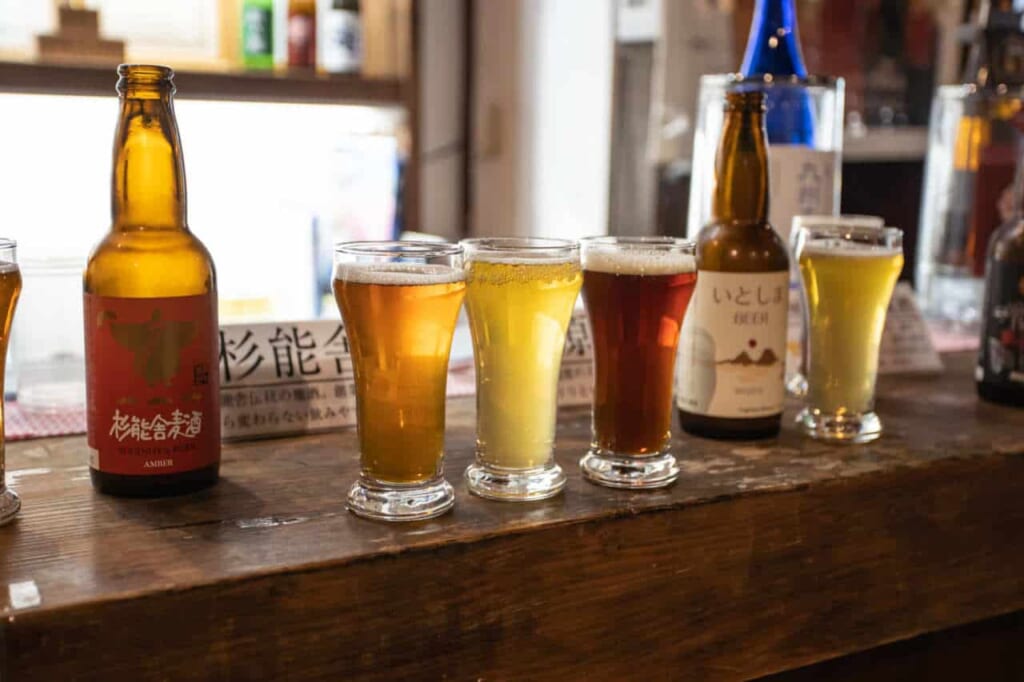 A selection of Japanese beers in a craft beer bar  in Fukuoka.