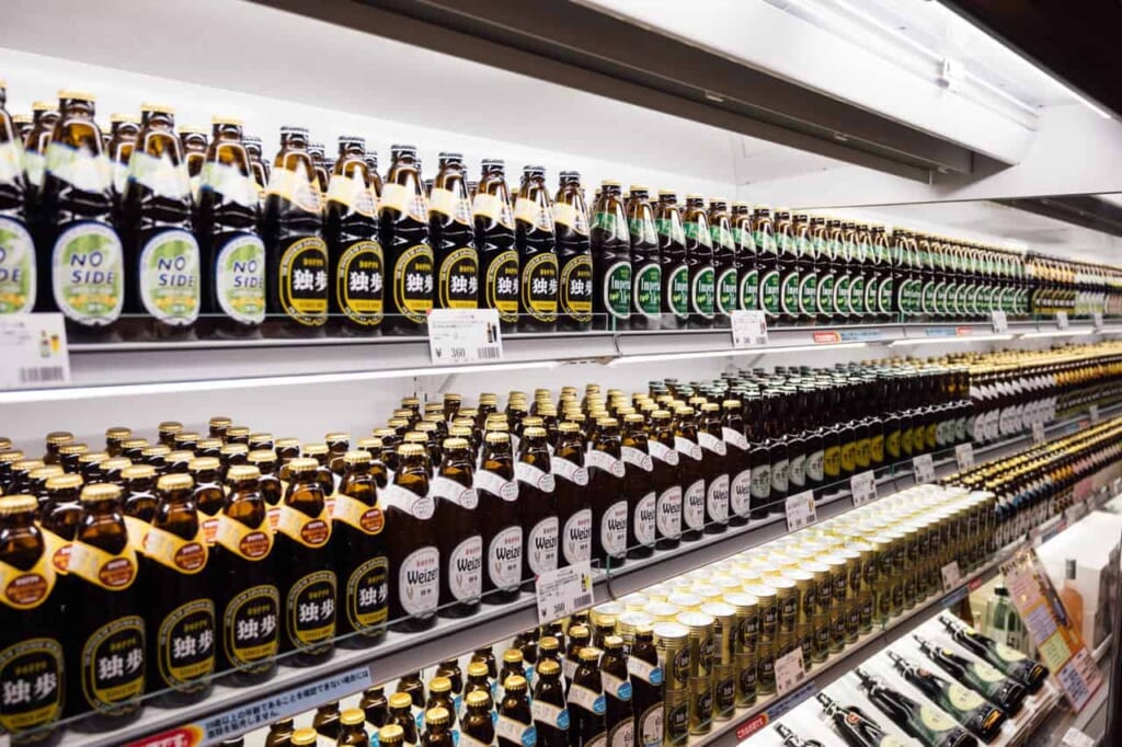 An extensive range of craft beers on sale at Doppokan brewery in Japan